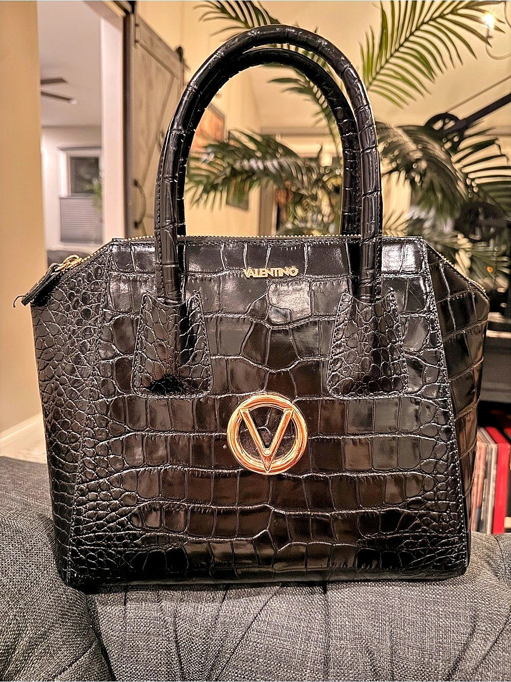 Valentino Black Crocodile-Embossed Tote Like New